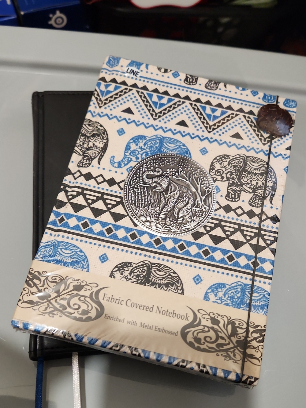 NWT Blue & Black Fabric Covered Elephant Journal & Black Leather w/Pen Elastic